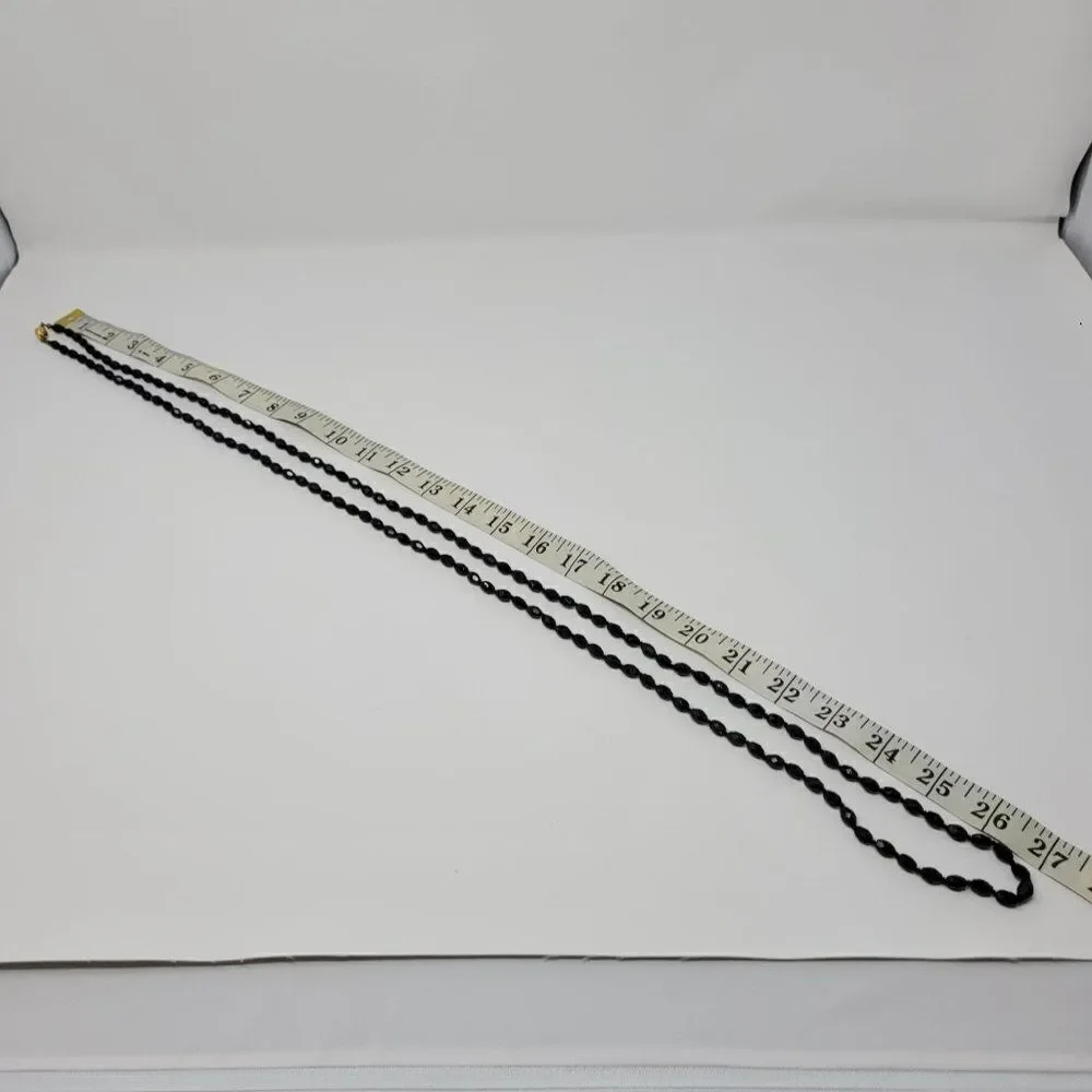Vintage Signed Austrian Black Glass Beaded Flapper‎ Necklace Oblong Bicone Long